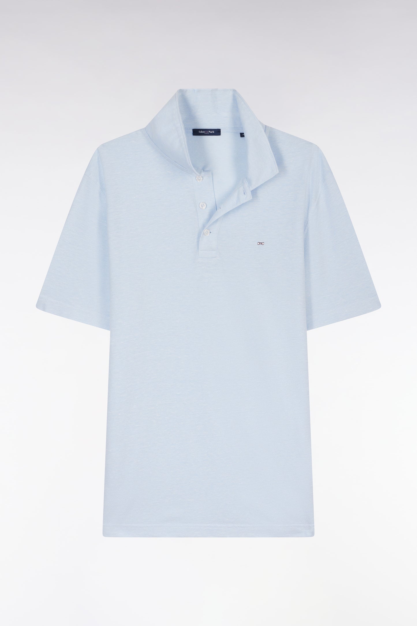 Straight-fit short-sleeved polo shirt in grey blue cotton-linen blend