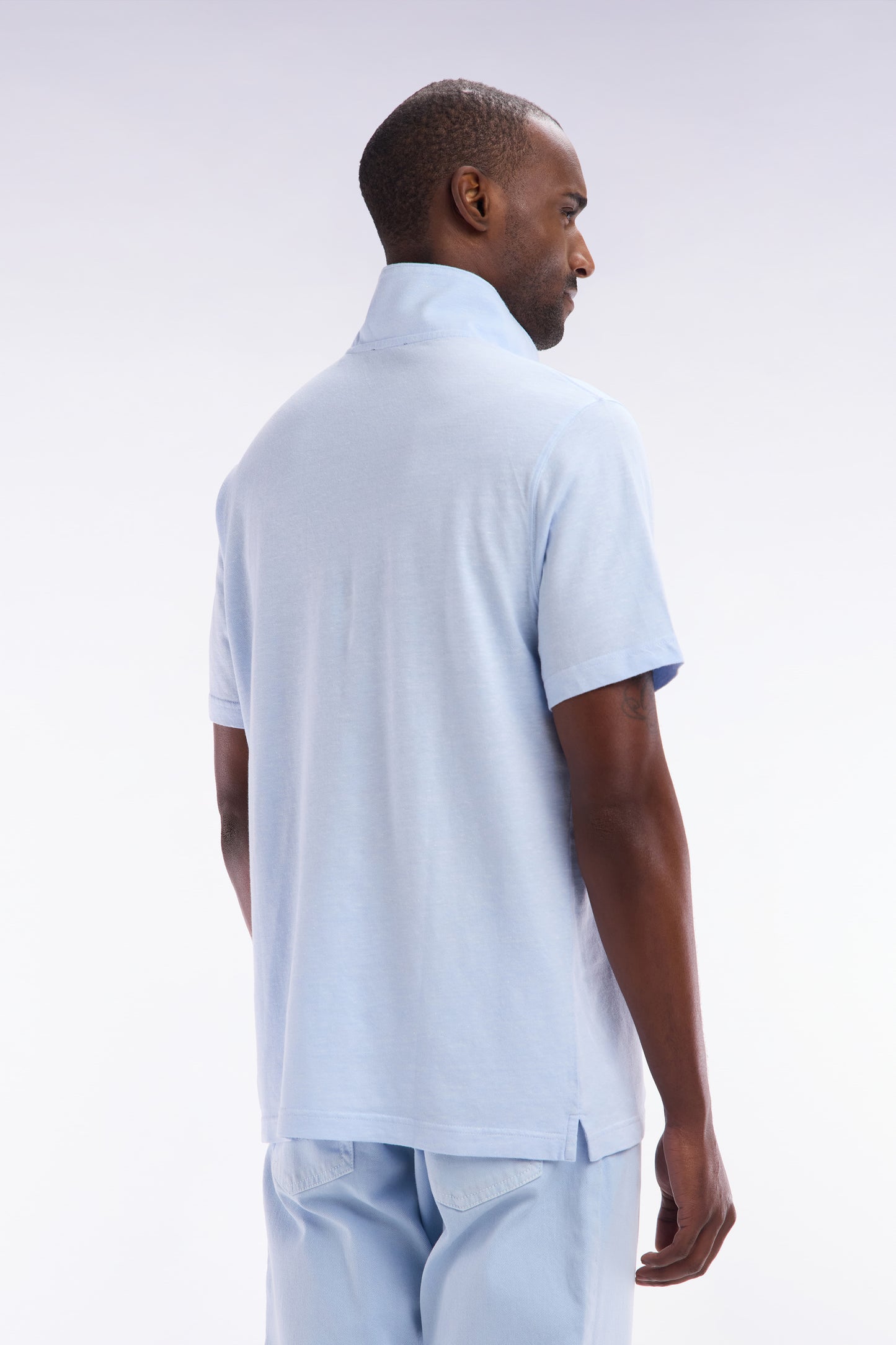 Straight-fit short-sleeved polo shirt in grey blue cotton-linen blend