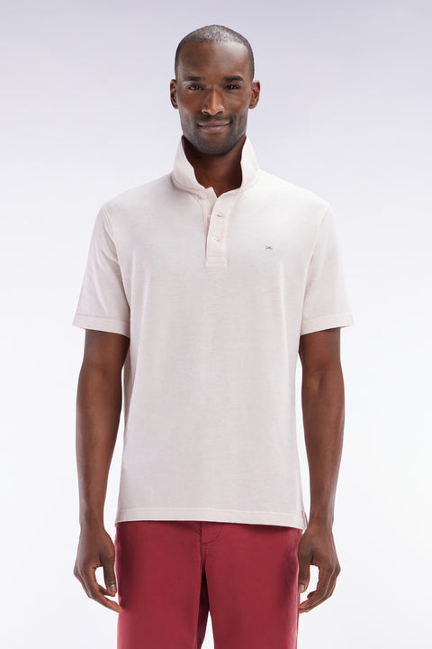 Straight-fit short-sleeved polo shirt in pink cotton-linen blend - Image 1