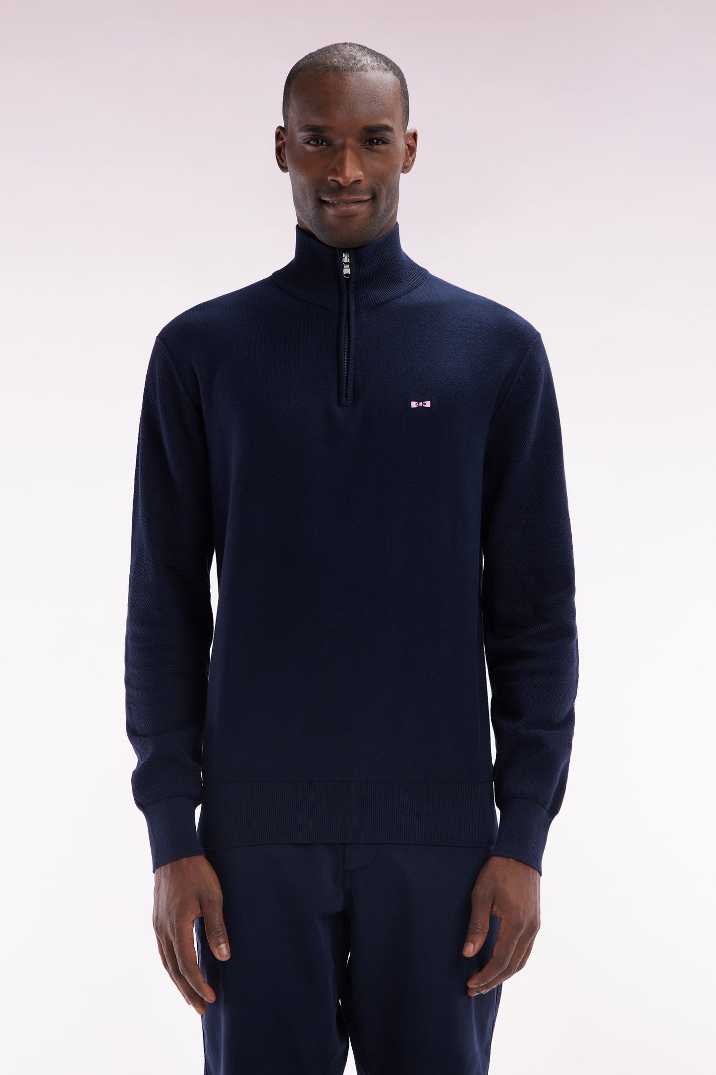 Straight-fit trucker collar jumper in navy cotton with back bow tie embroidery