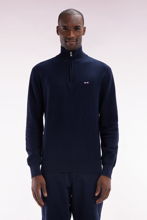Straight-fit trucker collar jumper in navy cotton with back bow tie embroidery - Image 1