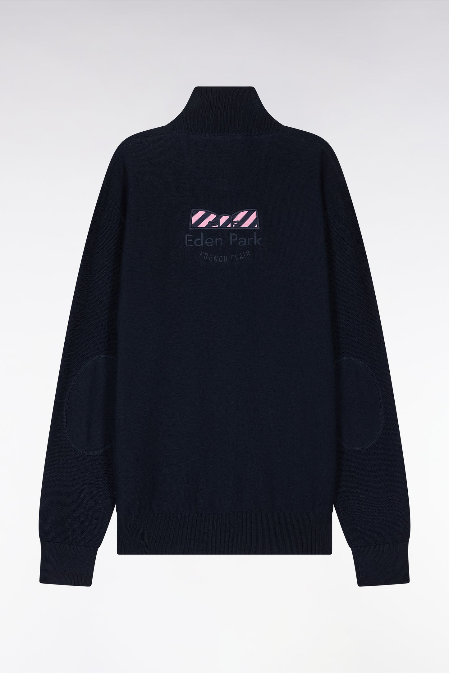Straight-fit trucker collar jumper in navy cotton with back bow tie embroidery