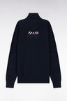 Straight-fit trucker collar jumper in navy cotton with back bow tie embroidery