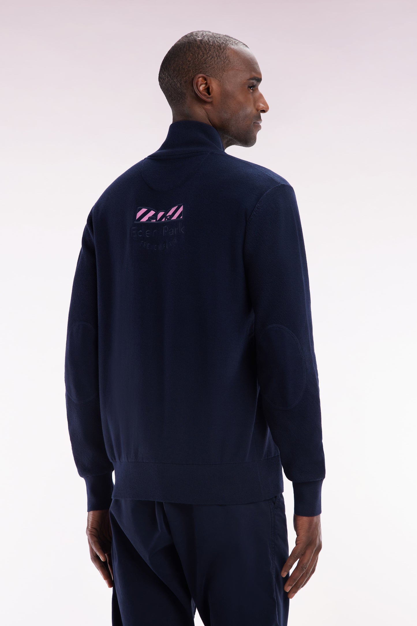 Straight-fit trucker collar jumper in navy cotton with back bow tie embroidery