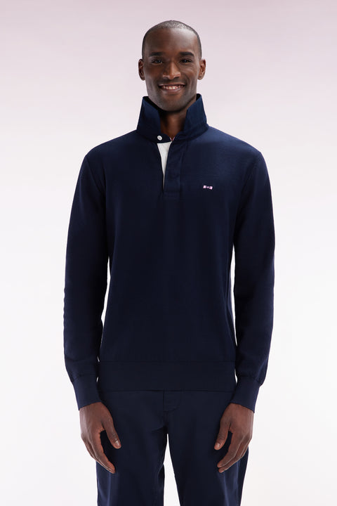 Straight-fit navy cotton rugby shirt collar jumper with back striped bow tie embroidery - Image 1