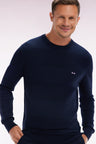 Straight-fit navy cotton knit round-neck jumper