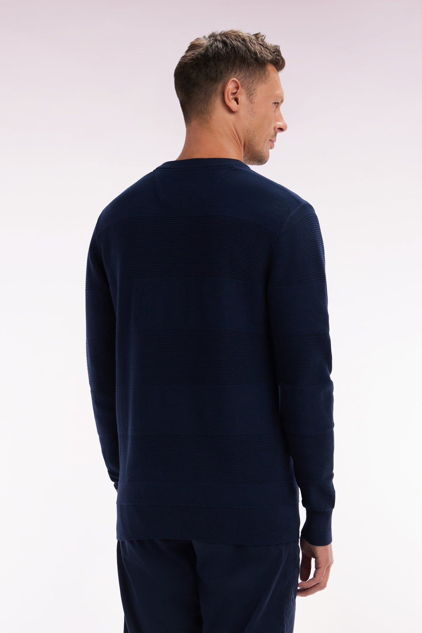 Straight-fit navy cotton knit round-neck jumper