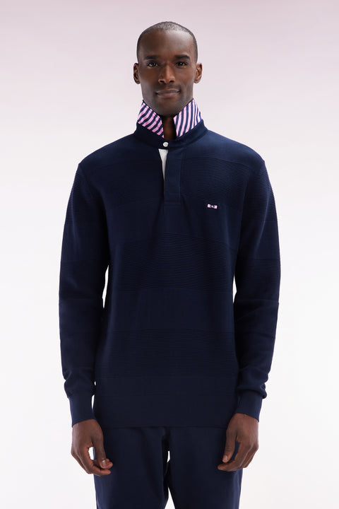 Straight-fit navy cotton jersey collar jumper with striped details - Image 1