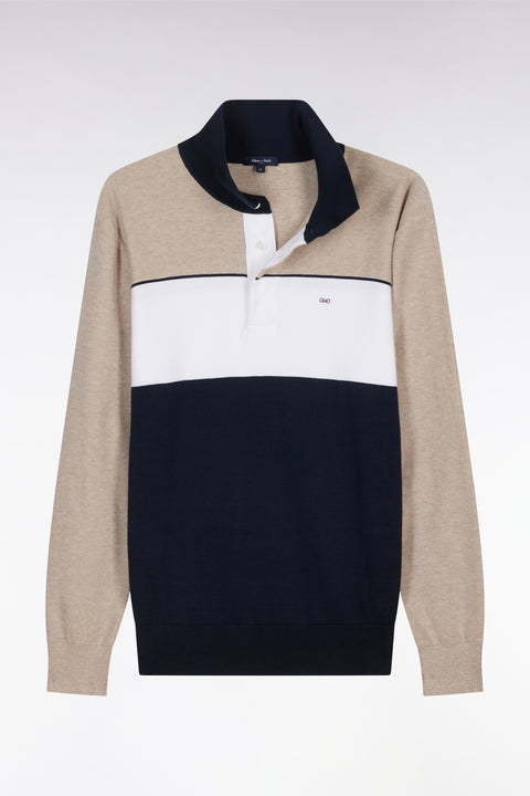 Straight-fit beige cotton jumper with a rugby-style collar - Image 2