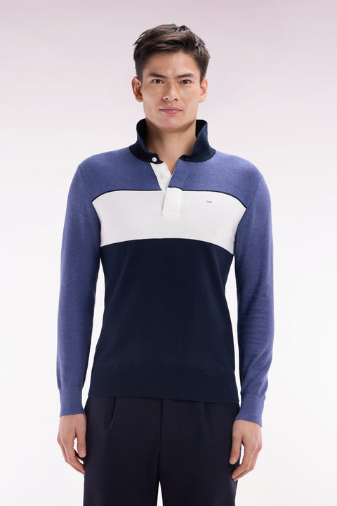 Straight-fit blue cotton jumper with a rugby-style collar - Image 1