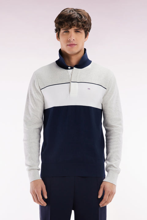 Straight-fit grey cotton jumper with a rugby-style collar - Image 1