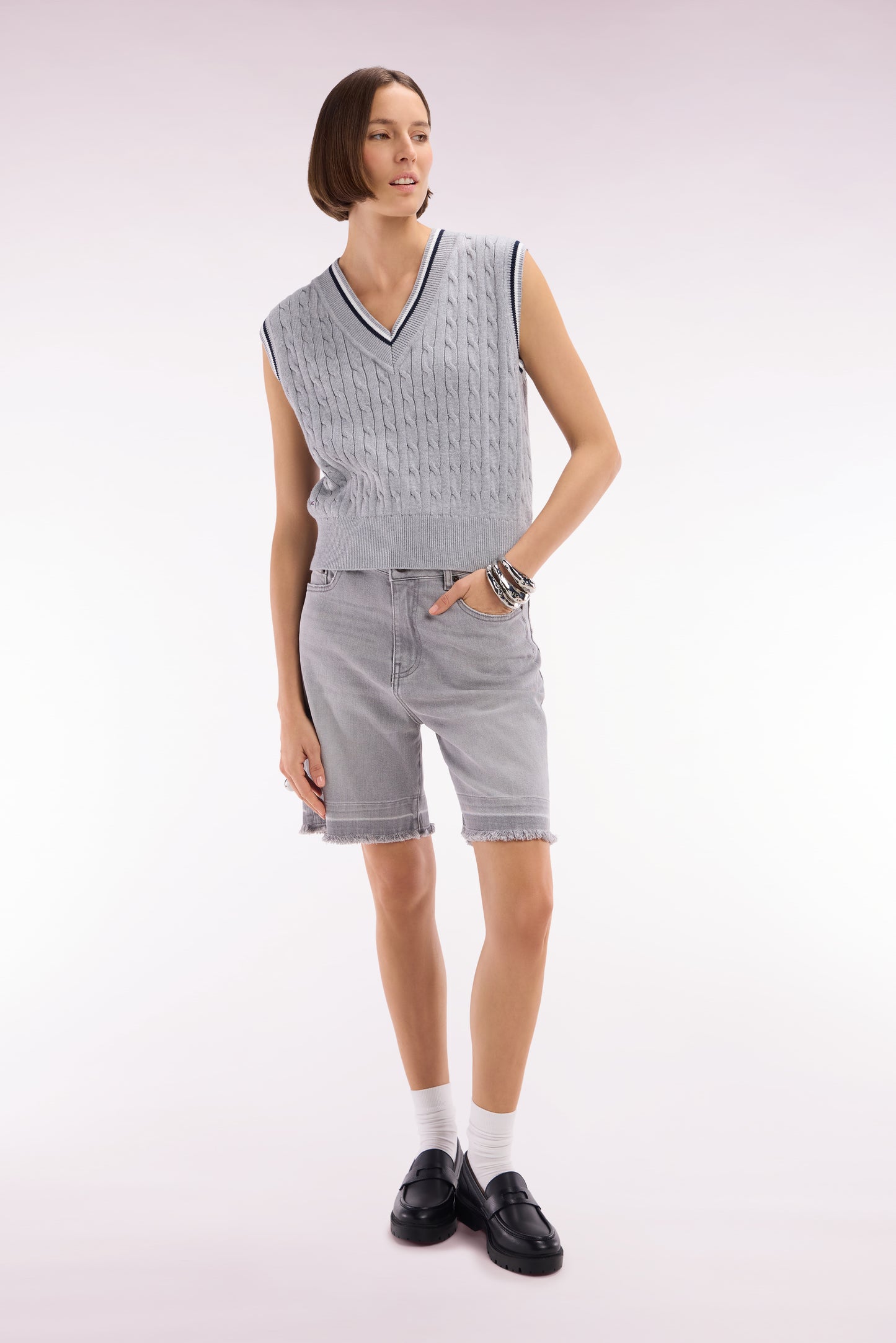 Relaxed-fit black cable cotton sleeveless jumper