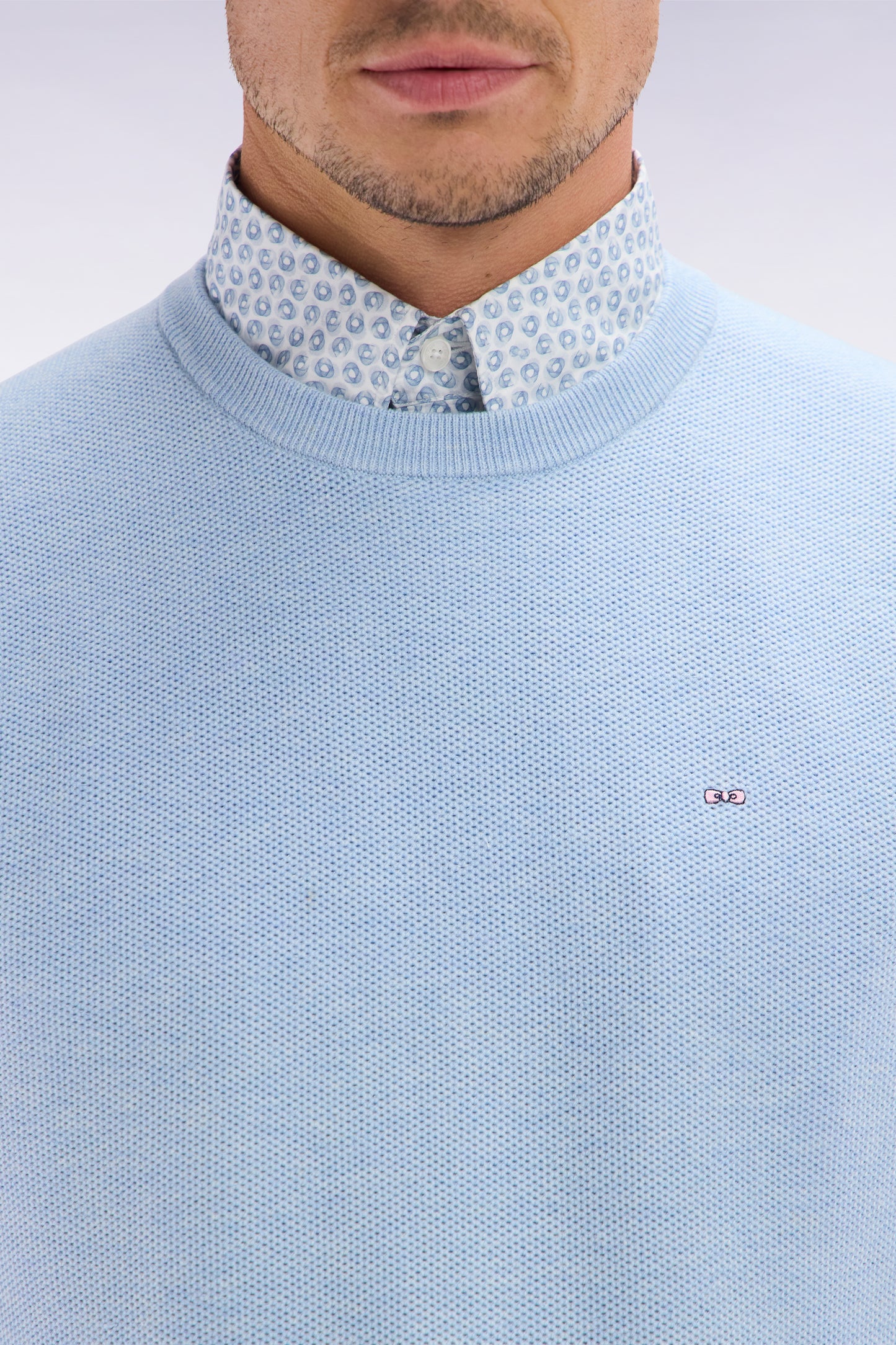 Straight-fit sky blue honeycomb cotton crew neck jumper