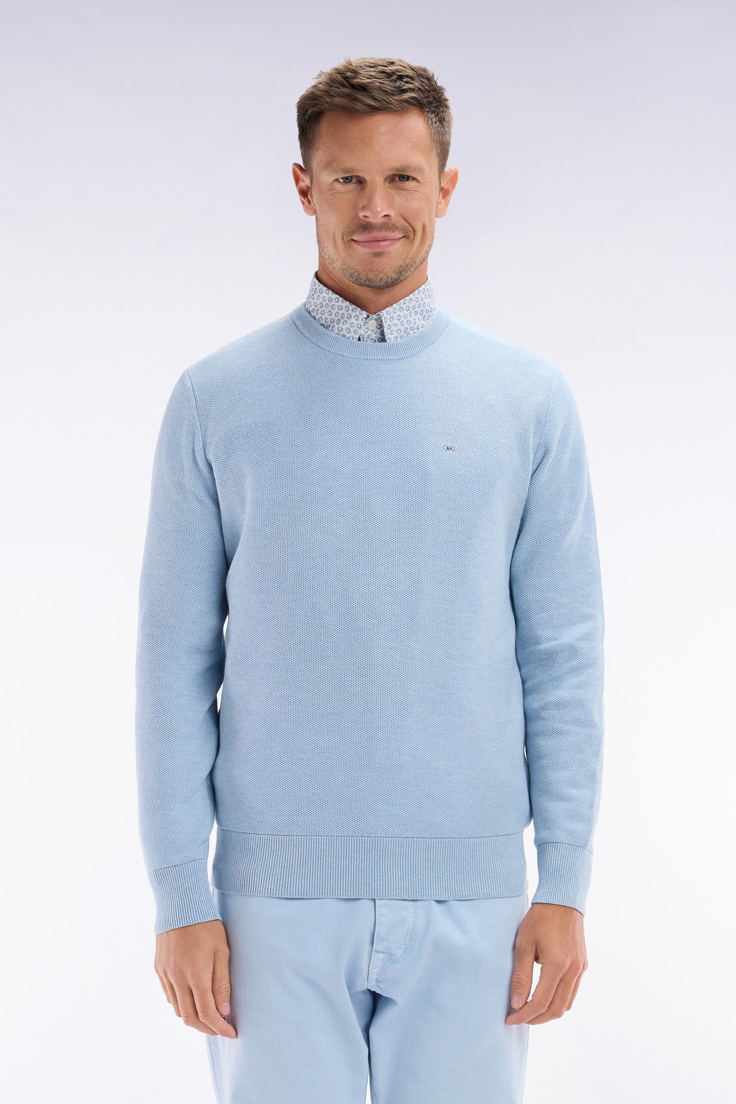 Straight-fit sky blue honeycomb cotton crew neck jumper