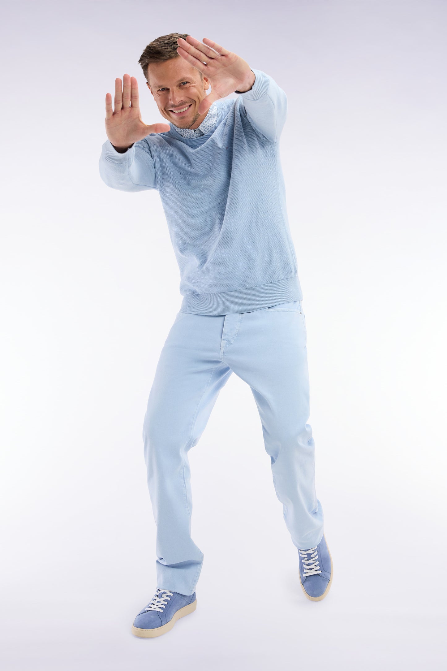 Straight-fit sky blue honeycomb cotton crew neck jumper