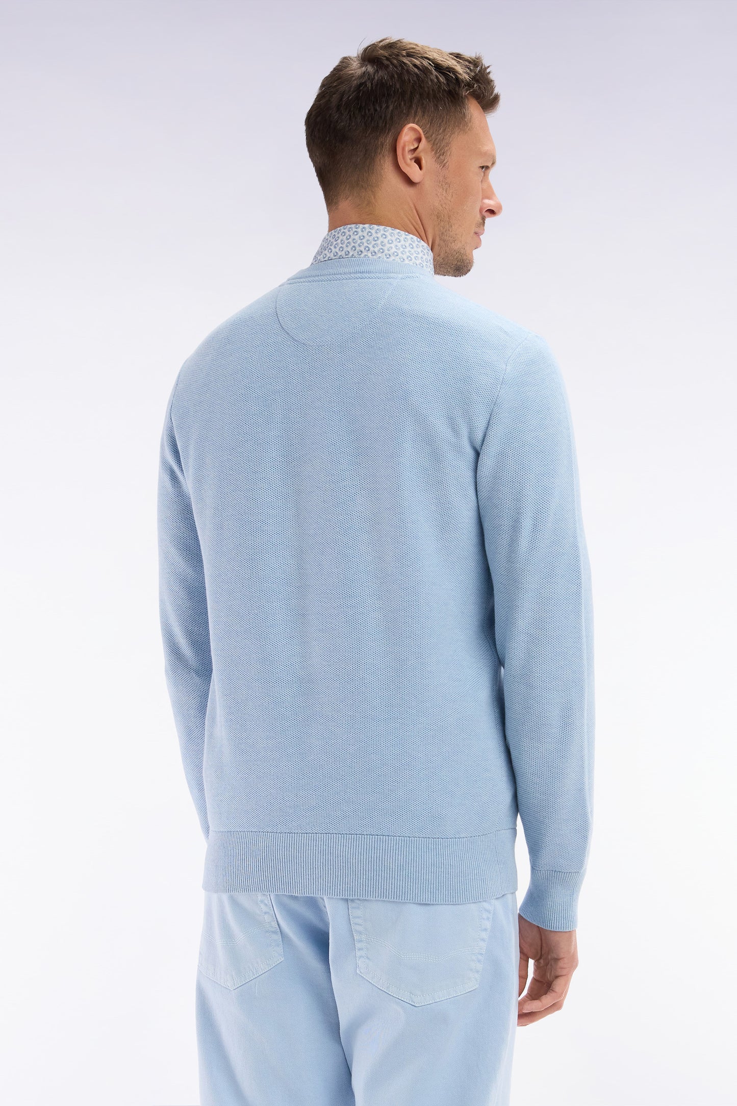 Straight-fit sky blue honeycomb cotton crew neck jumper