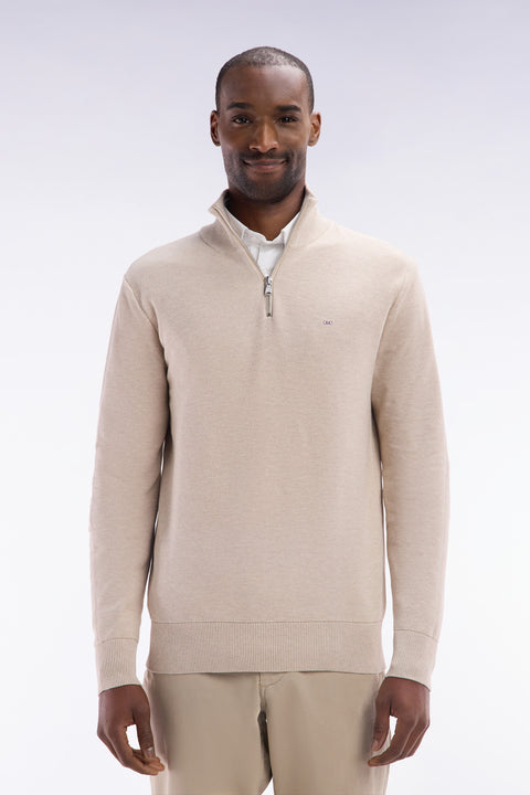 Straight-fit beige honeycomb cotton trucker collar jumper - Image 1