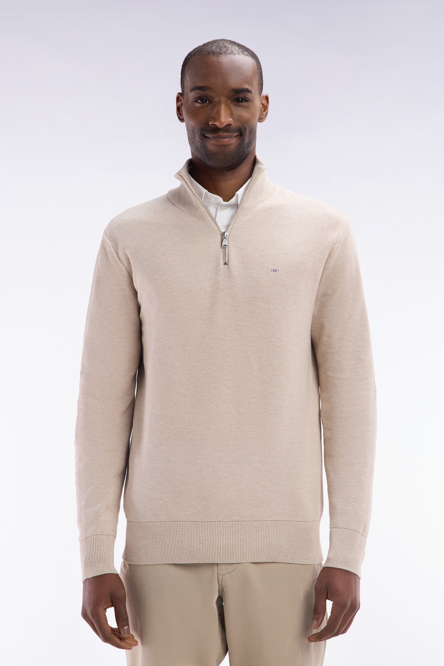 Pull col camionneur en coton nid d'abeille beige coupe droite