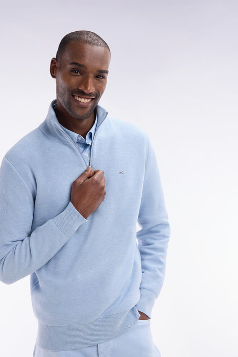 Straight-fit sky blue honeycomb cotton trucker collar jumper - Image 3
