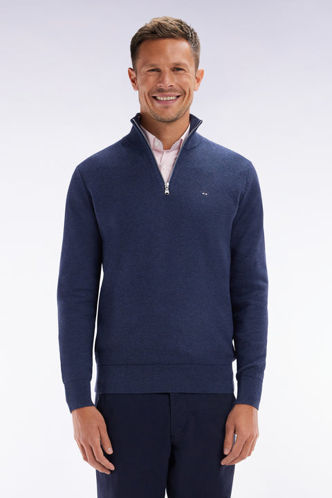 Straight-fit navy honeycomb cotton trucker collar jumper - Image 1