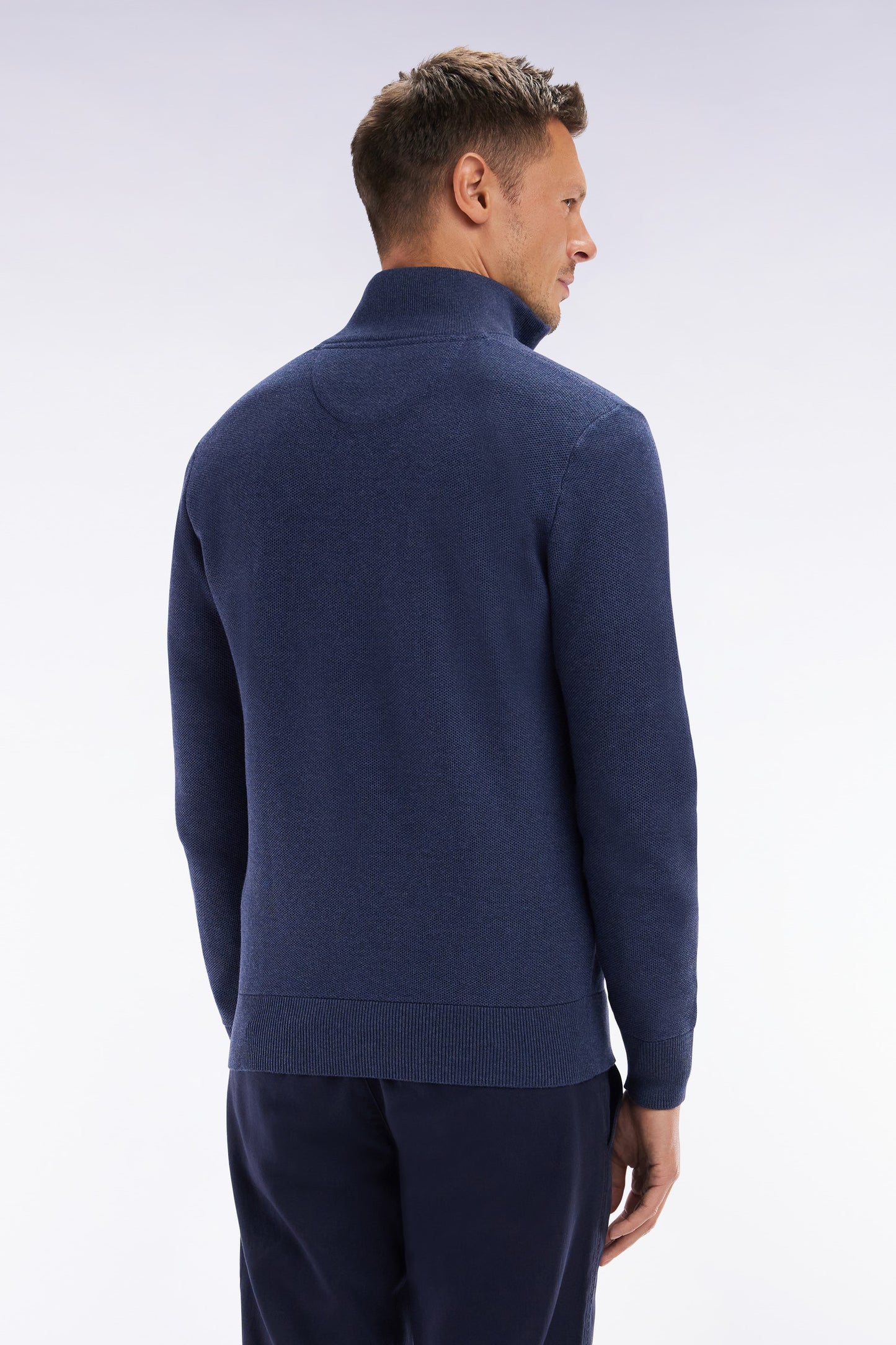 Pull col camionneur en coton nid d'abeille marine coupe droite