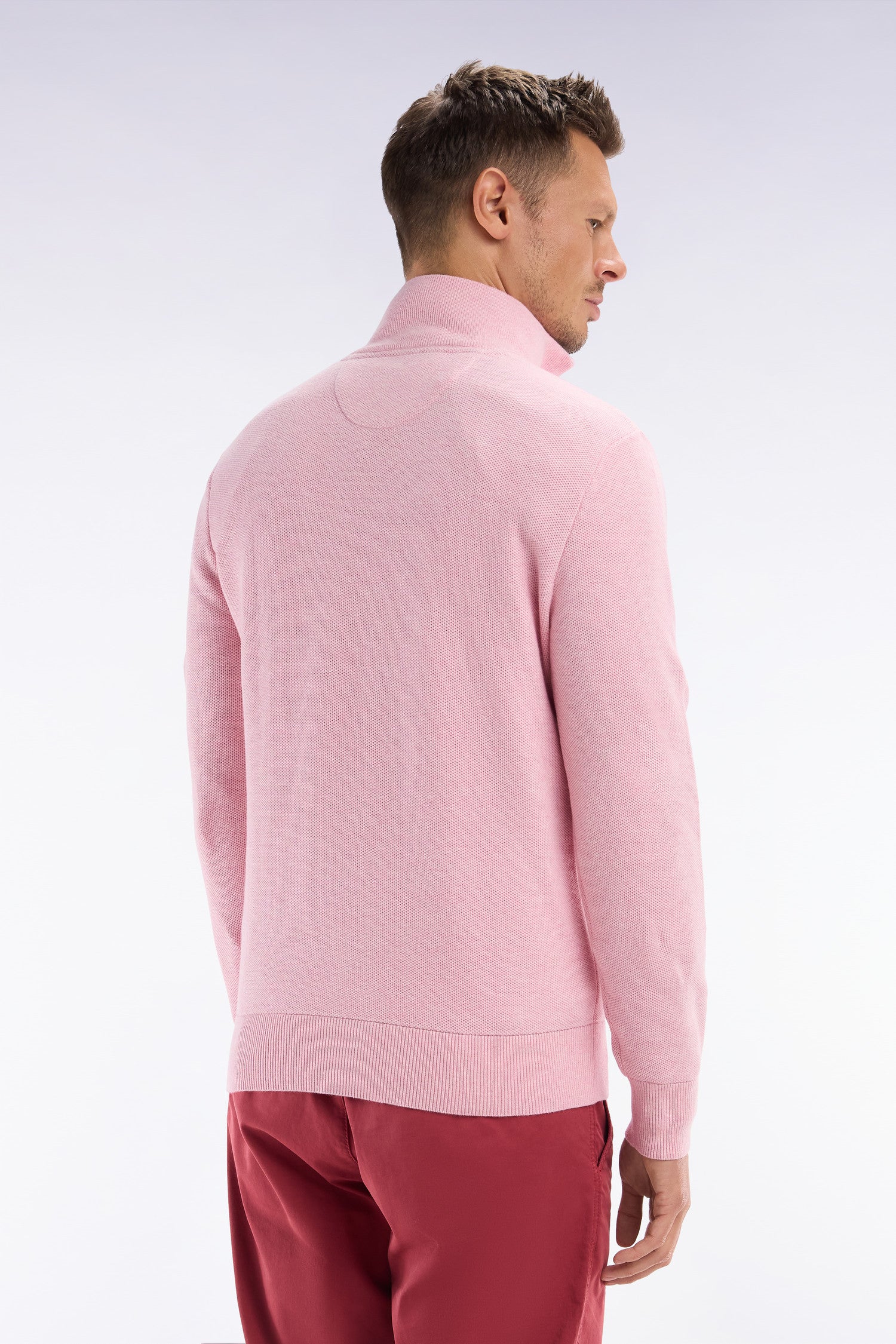 Pull col camionneur en coton nid d'abeille rose coupe droite