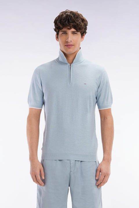 Straight-fit sky blue polo neck jumper in organic cotton and cashmere blend - Image 1