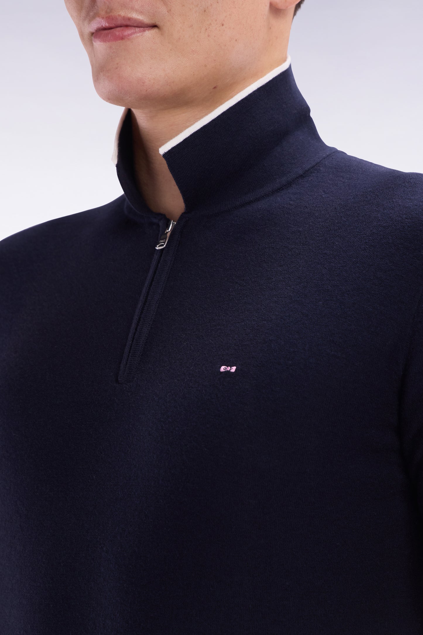 Straight-fit navy polo neck jumper in organic cotton and cashmere blend