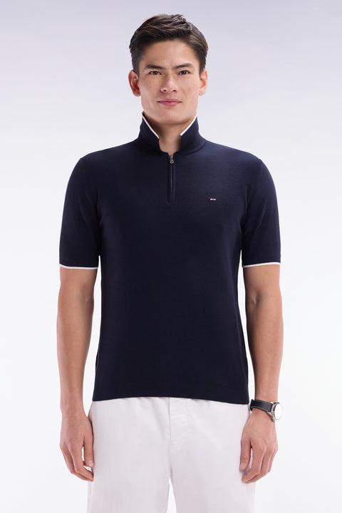 Straight-fit navy polo neck jumper in organic cotton and cashmere blend - Image 1