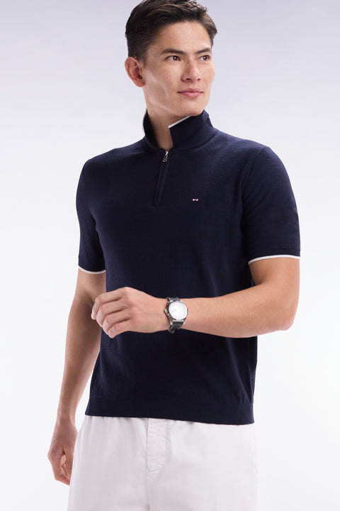 Straight-fit navy polo neck jumper in organic cotton and cashmere blend - Image 3
