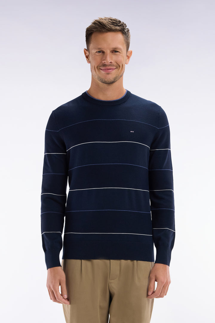 Pull col rond cerclé en coton marine