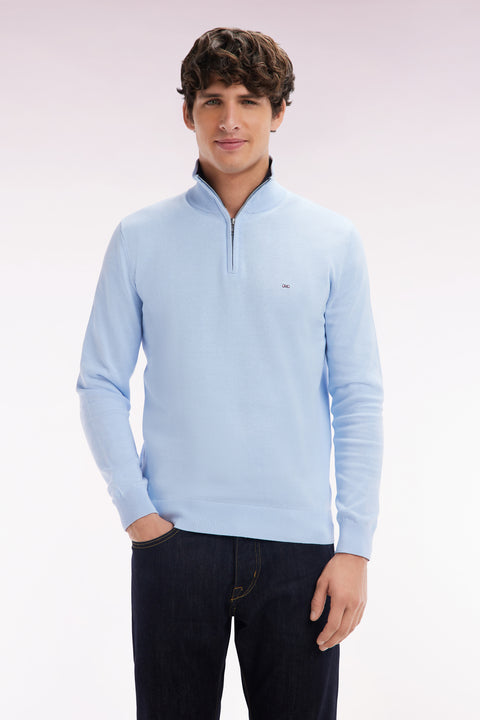 Straight-fit sky blue cotton trucker collar jumper - Image 1