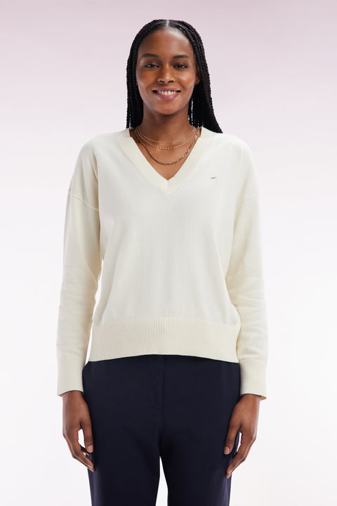 Relaxed-fit beige cotton V-neck jumper - Image 3