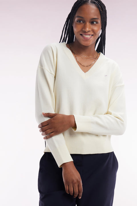 Relaxed-fit beige cotton V-neck jumper - Image 1