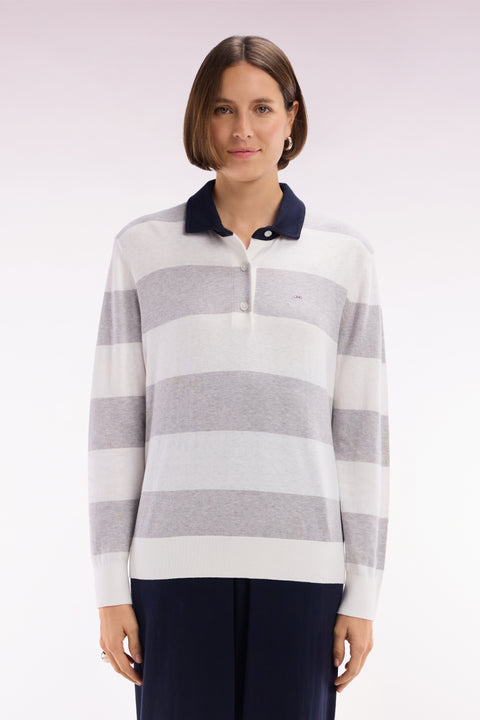 Relaxed-fit striped grey jumper with a rugby shirt collar in organic cotton and cashmere blend - Image 3