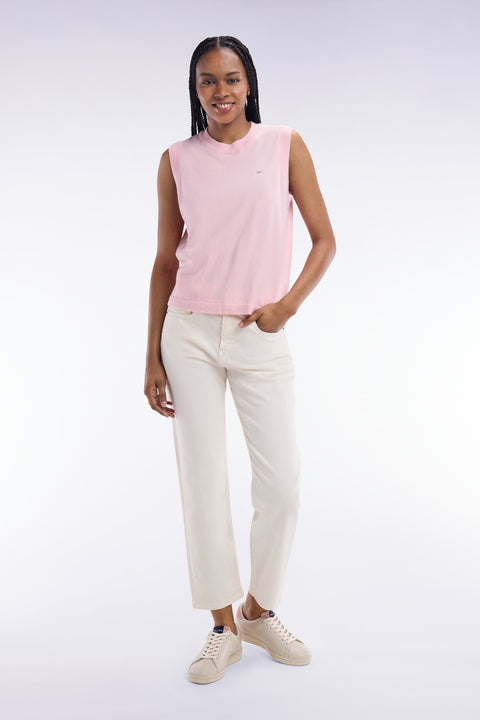 Relaxed-fit tank top jumper with round neck in pink cotton and silk thin blend - Image 1