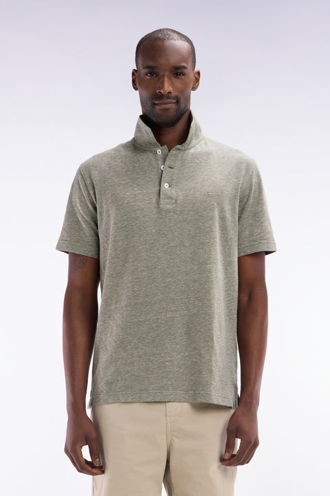 Straight-fit short-sleeved polo shirt in khaki cotton-linen blend - Image 1