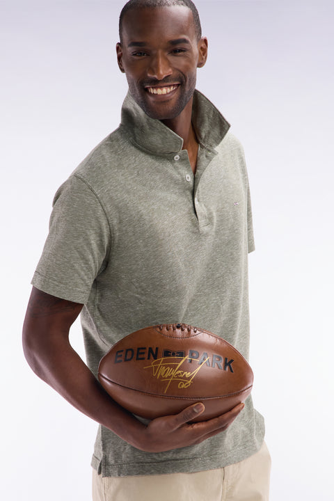 Straight-fit short-sleeved polo shirt in khaki cotton-linen blend - Image 3