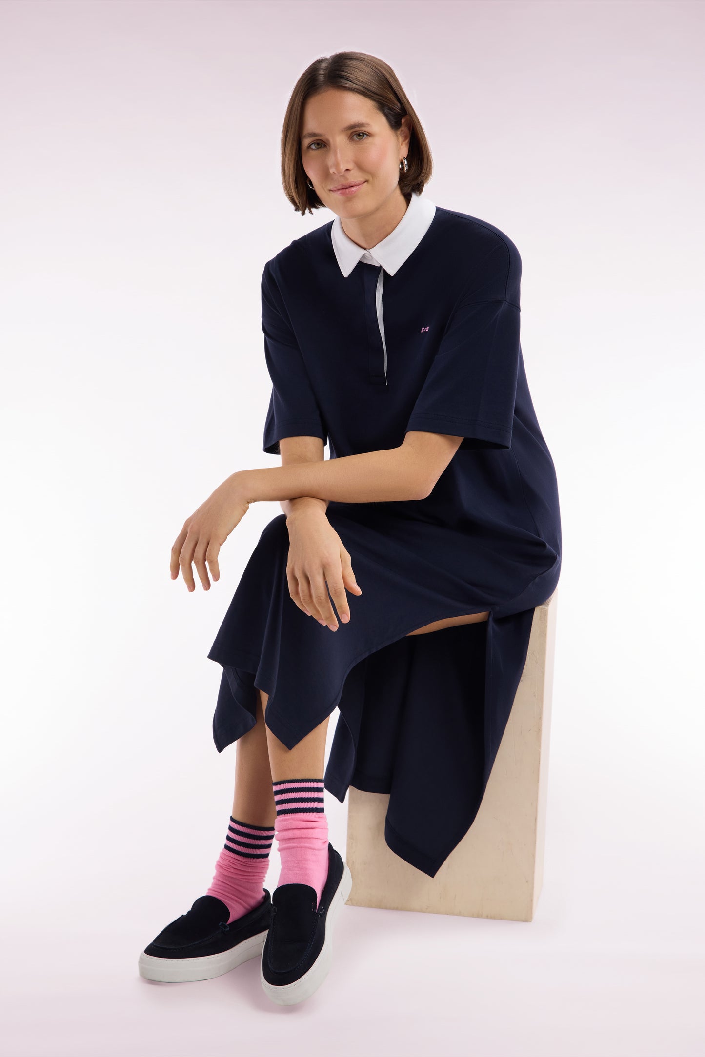 Navy Pima cotton jersey dress with white collar, relaxed fit