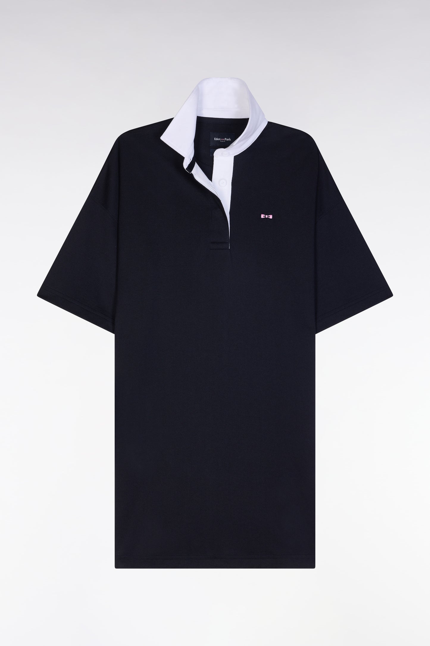 Navy Pima cotton jersey dress with white collar, relaxed fit