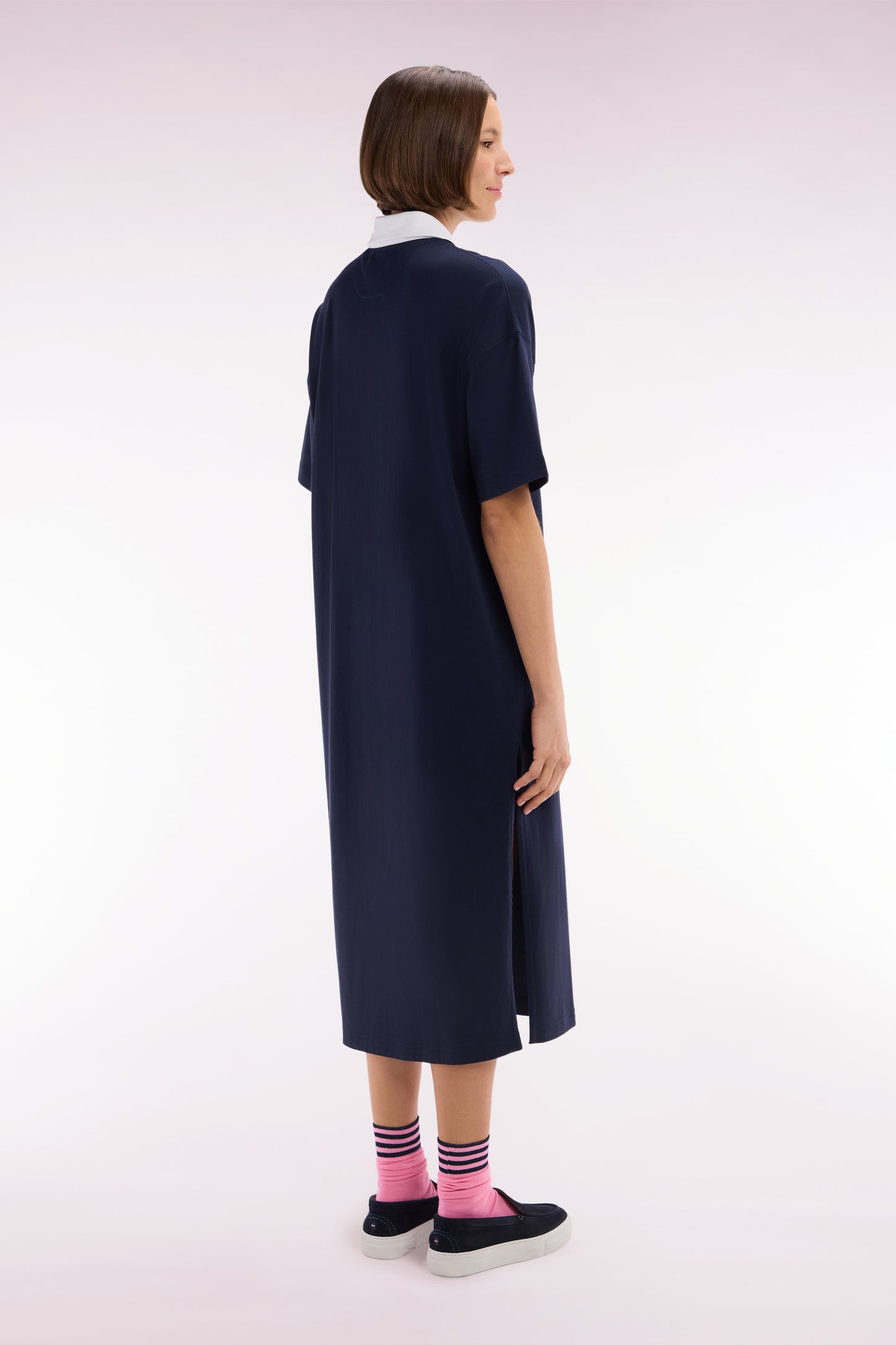 Navy Pima cotton jersey dress with white collar, relaxed fit