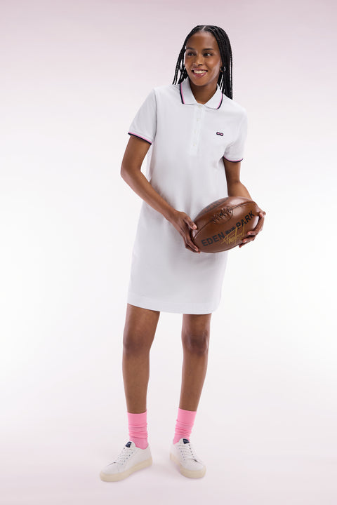 White cotton rugby shirt dress with tricolor accents - Image 1