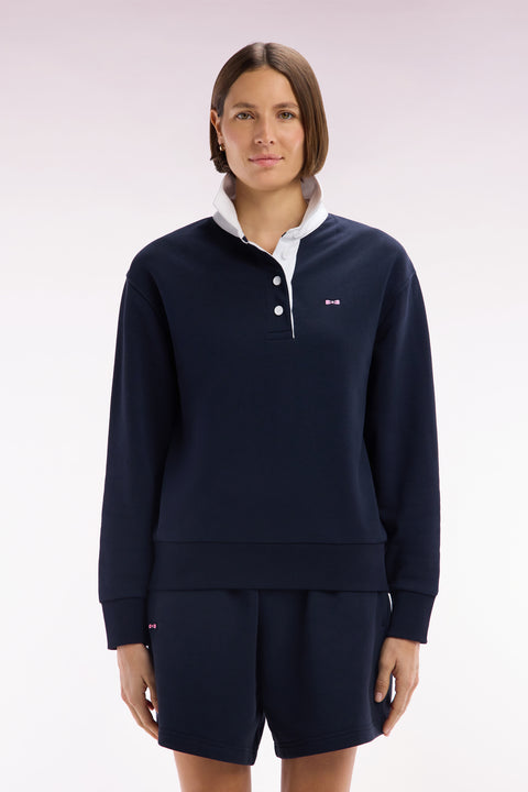 Relaxed-fit navy cotton sweatshirt with a rugby shirt collar - Image 3