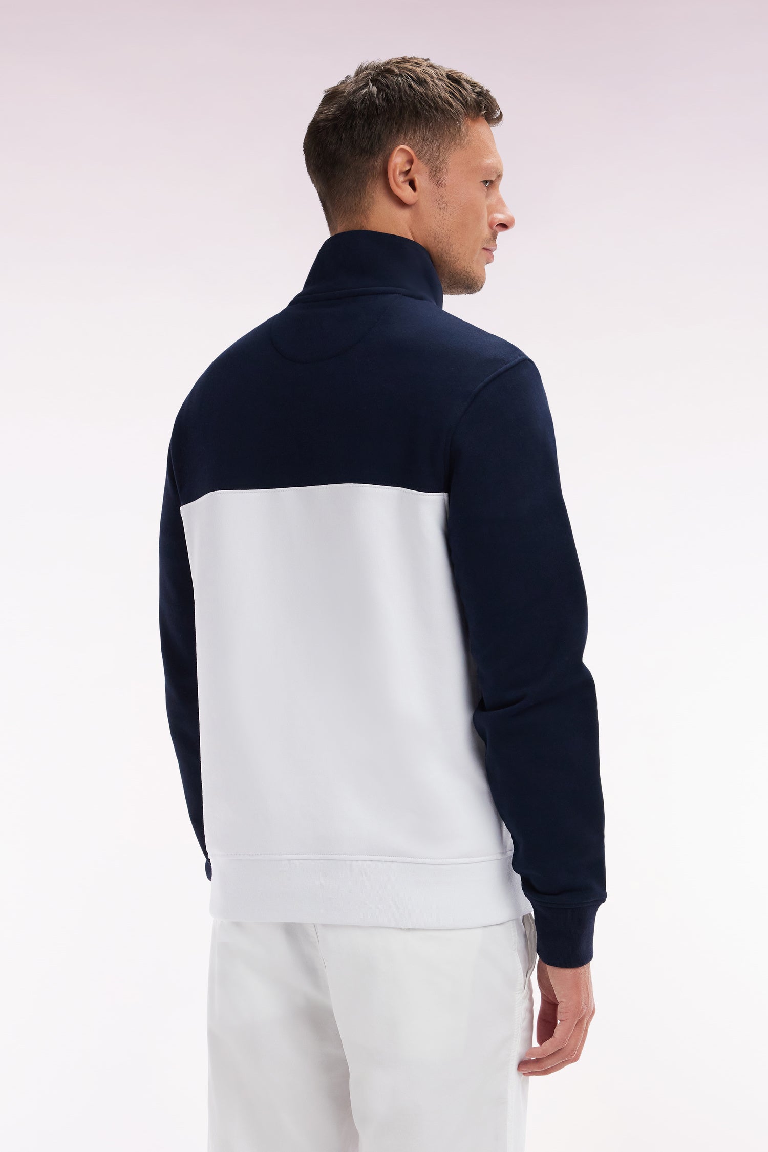 Sweatshirt à col camionneur en coton bicolore blanc et marine coupe droite