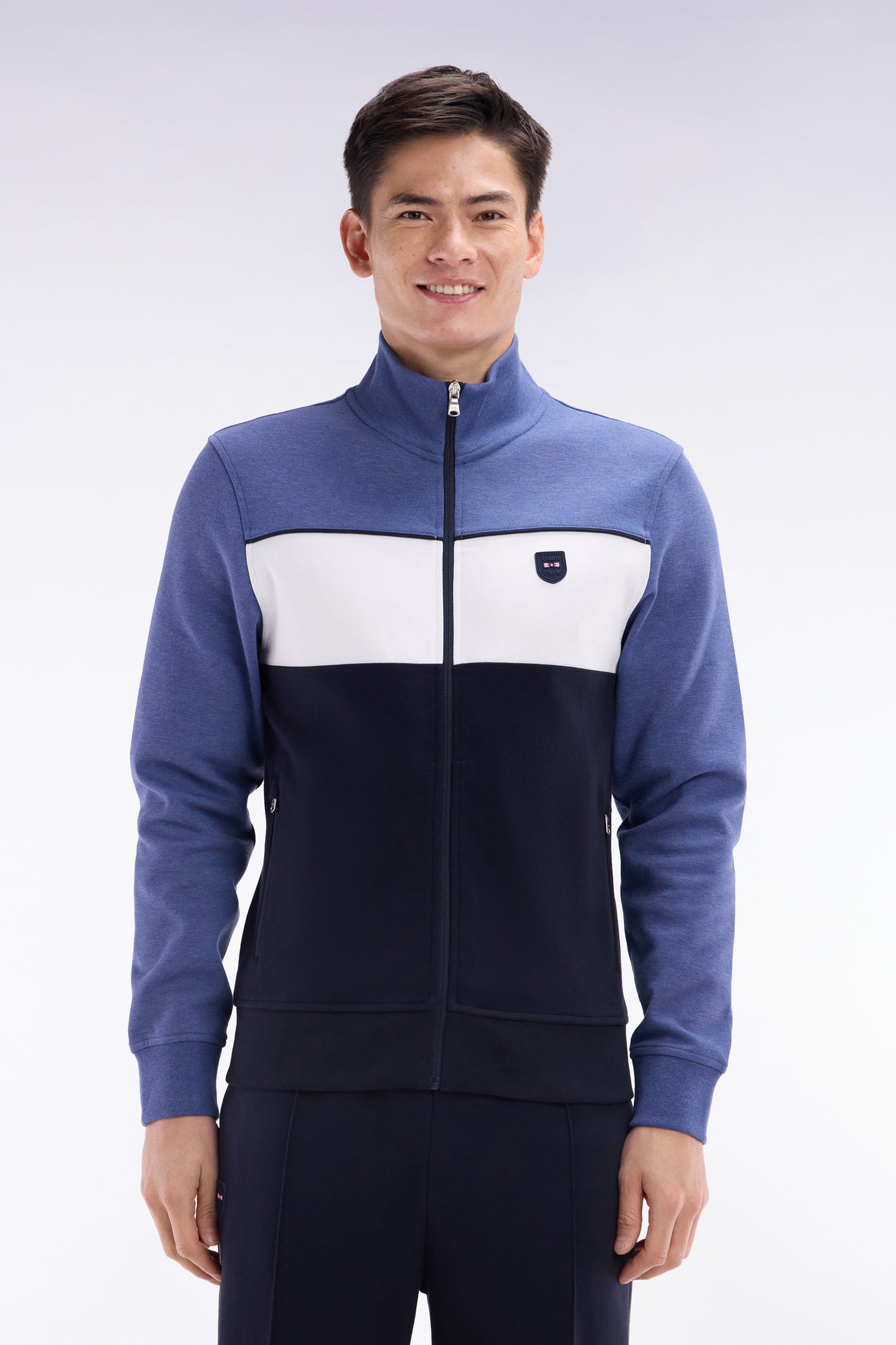 Sweatshirt zippé en coton interlock bleu foncé coupe droite