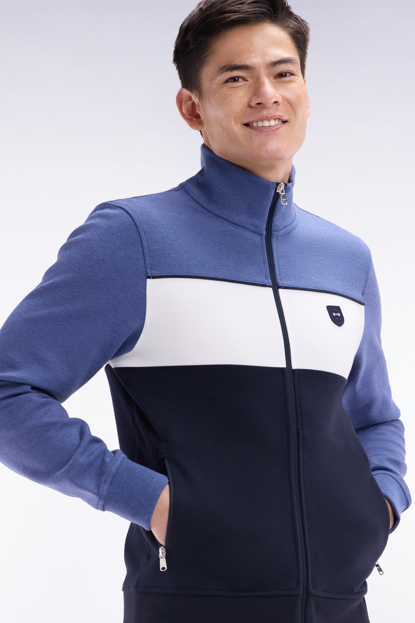 Sweatshirt zippé en coton interlock bleu foncé coupe droite