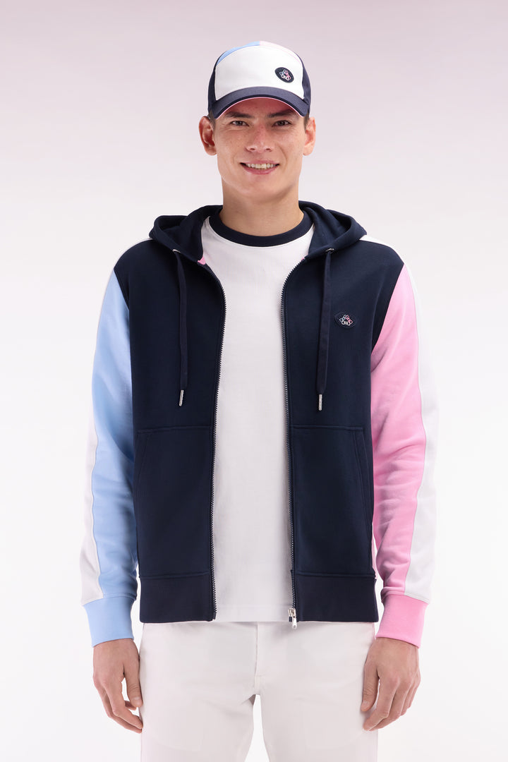 Sweatshirt zippé en molleton coton colorblock marine coupe droite