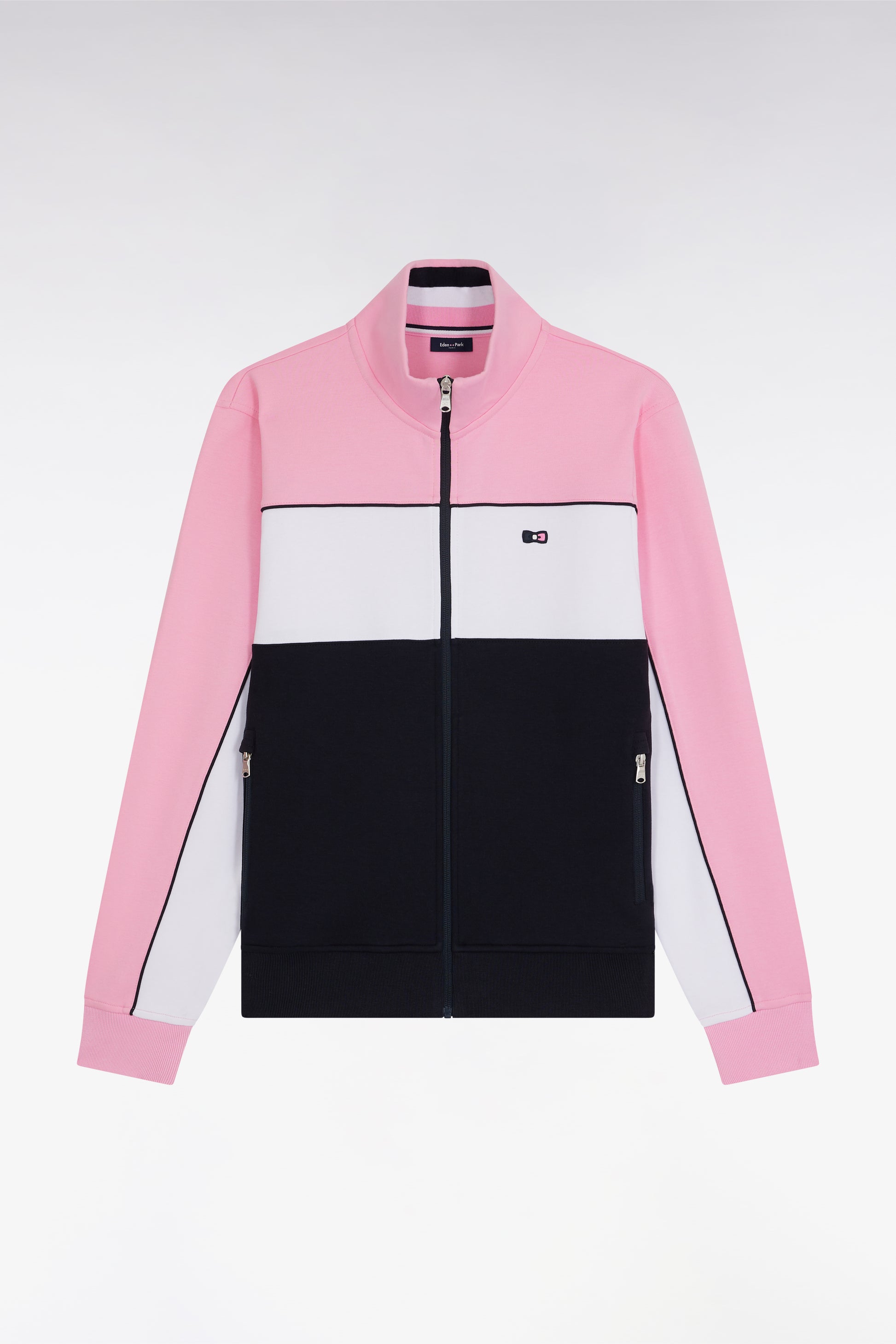Sweatshirt zippé en molleton coton stretch tricolore rose coupe droite