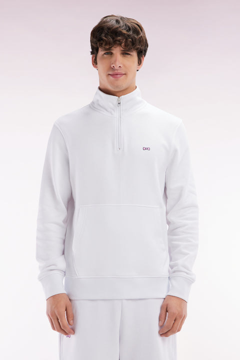 Straight-fit white cotton zip-neck sweatshirt - Image 1