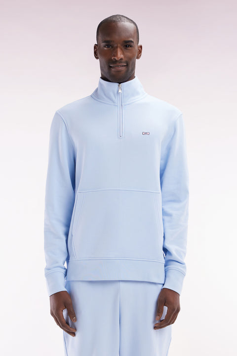 Straight-fit sky blue cotton zip-neck sweatshirt - Image 1